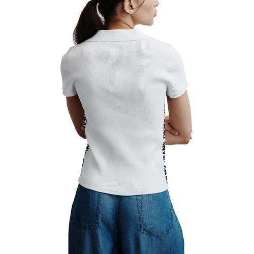 DKNY Womens V-Neck Side-Logo Rib-Knit Short Sleeve Polo Top