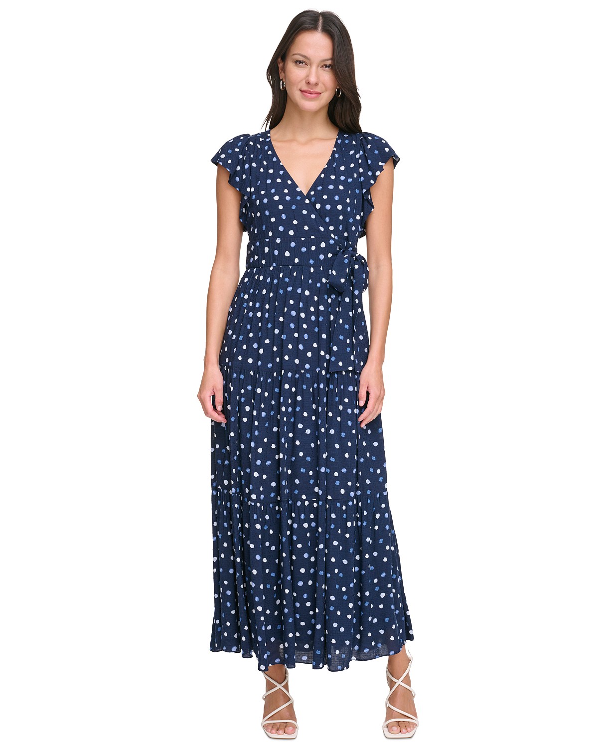 Womens Printed Ruffle-Sleeve Tiered-Skirt Maxi Dress