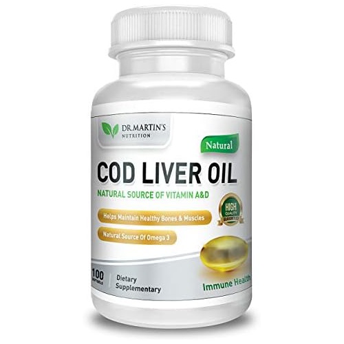  DR. MARTINS NUTRITION Burpless COD Liver Oil 100 Softgels Natural Source of Omega 3 Fatty Acids EPA & DHA Vitamin A & D Support Brain, Heart, Eye & Immune Health For Joints, Bones & Muscles Supplement N
