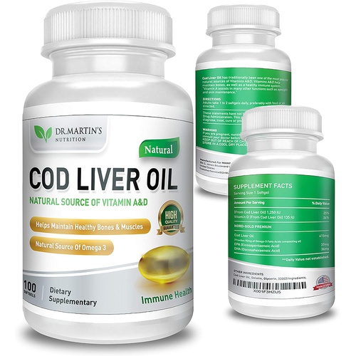  DR. MARTINS NUTRITION Burpless COD Liver Oil 100 Softgels Natural Source of Omega 3 Fatty Acids EPA & DHA Vitamin A & D Support Brain, Heart, Eye & Immune Health For Joints, Bones & Muscles Supplement N