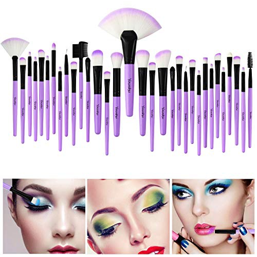  Daxstar Yuwaku Makeup Brush 32pcs, Purple Professional Make Up Brushes Set with Soft Bristles Kabuki Foundation Powder Eyeshadow Eyeliner Blush Concealer Brush with Travel Makeup Bag (Purp