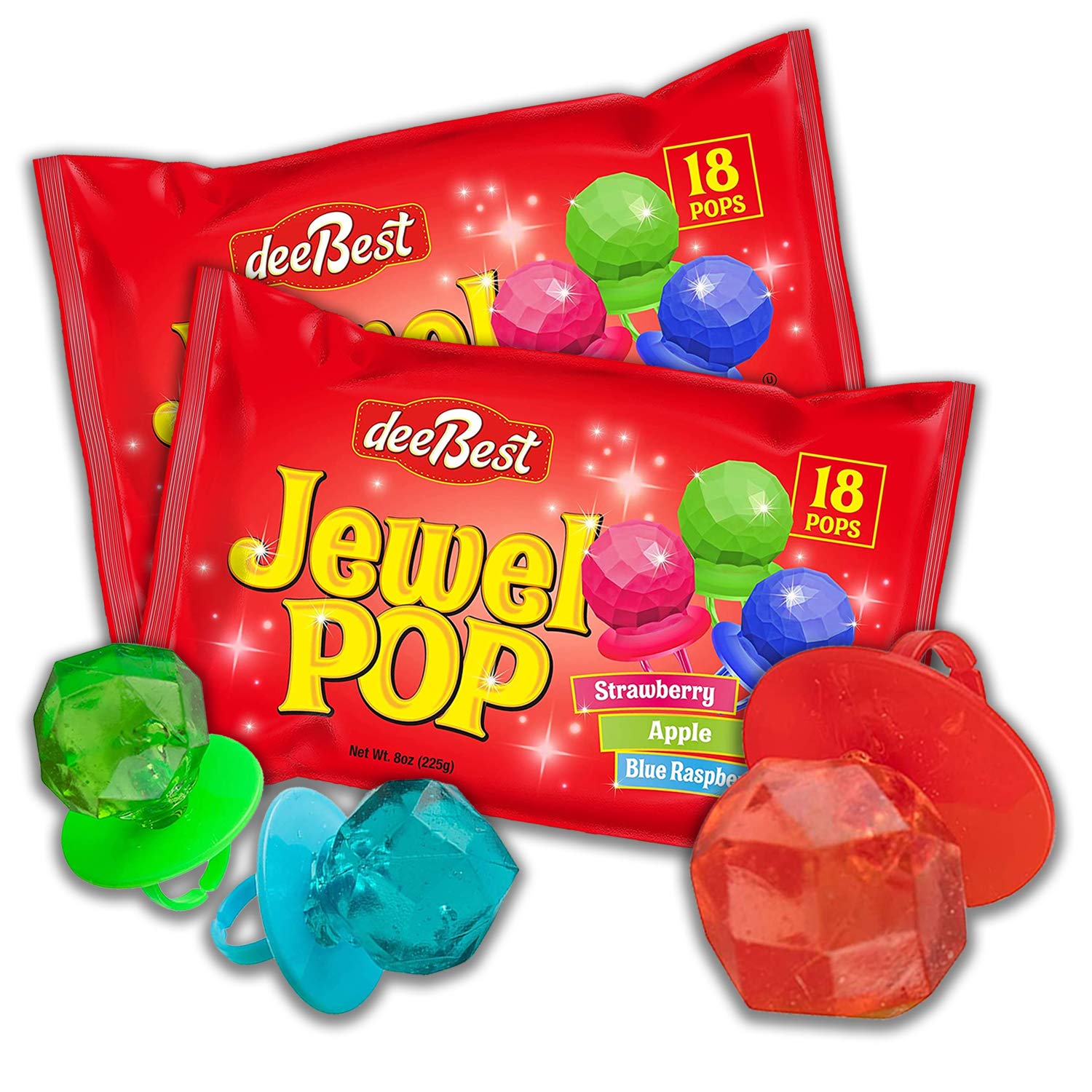  Dee Best Jewel Pop Individually Wrapped Variety Party Pack  18 Count Ring Candy Lollipop Suckers Assorted Flavors