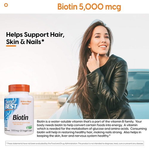  Doctors Best Biotin Supports Hair, Skin, Nails, Boost Energy, Nervous System, Non-GMO, Vegan, Gluten Free, 120 Count