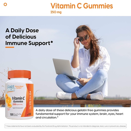  Doctors Best, Vitamin C Gummies 250mg per Serving Great Tasting Immune Brain Eyes Heart Circulation Antioxidant Support Natural Pectin Vegan Gluten Free CT, Fruit, 120 Count