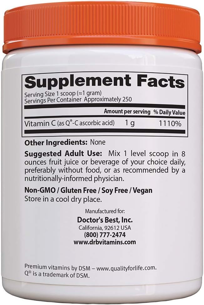  Doctors Best Vitamin C Powder with Quali-C, Healthy Immune System, Brain, Eyes, Heart and Circulation, Joints, Sourced from Scotland, 250G, 8.8 Ounce (Pack of 1)