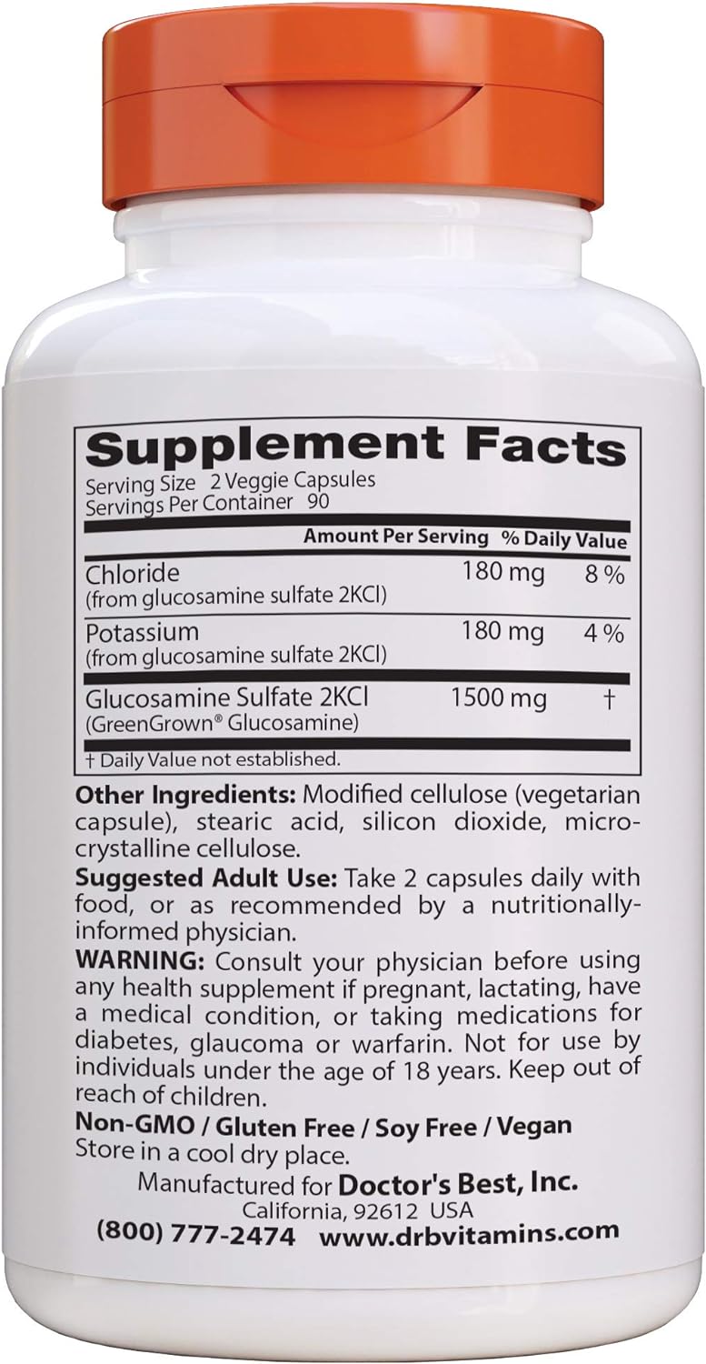  Doctors Best Vegan Glucosamine Sulfate, Joint Support, Non-GMO, Vegan, Gluten Free, Soy Free, 750 mg 180 Veggie Caps