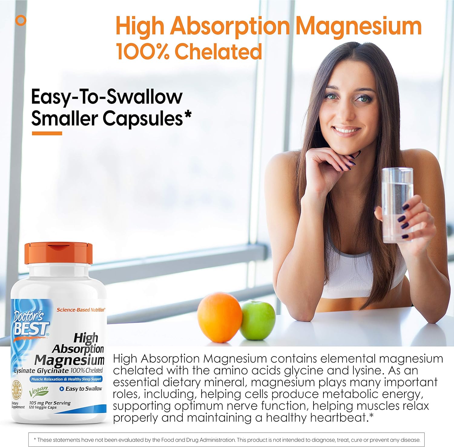 Doctors Best High Absorption Magnesium Lysinate Glycinate, Easy to Swallow, 120 Ct