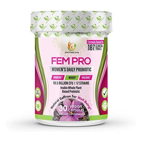  Doctors Pick Fem Pro Probiotics for Women. Vaginal, Digestive & Immune Support; Fights UTIs, Gas, Bloating & Constipation; Supports Vaginal Flora & Mood, 30 Capsules, Organic Prebi