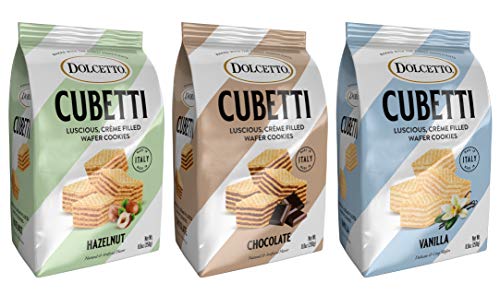 dolcetto Cubetti Variety Pack: Chocolate/ Vanilla/ & Hazelnut, Luscious Creme Filled Wafer Cookies, 8.8oz Bags, Pack Of 3, Made In Italy