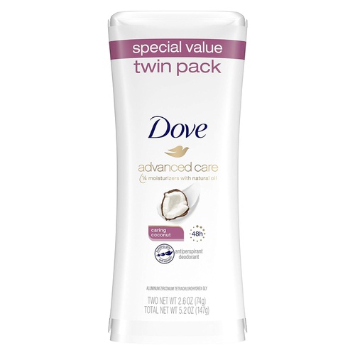  Dove Advanced Care Antiperspirant Deodorant Stick for Women, Caring Coconut, for 48 Hour Protection And Soft And Comfortable Underarms, 2.6 oz, 2 Count