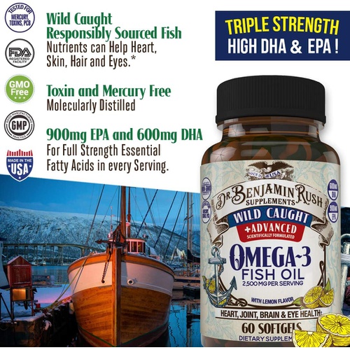  Dr. Benjamin Rush Wild Caught Fish Oil Omega 3 Supplement, Maximum Strength 2500mg with Lemon, Burpless Pills for Heart, Joint, Brain & Eye Health, 1 Mo Supply