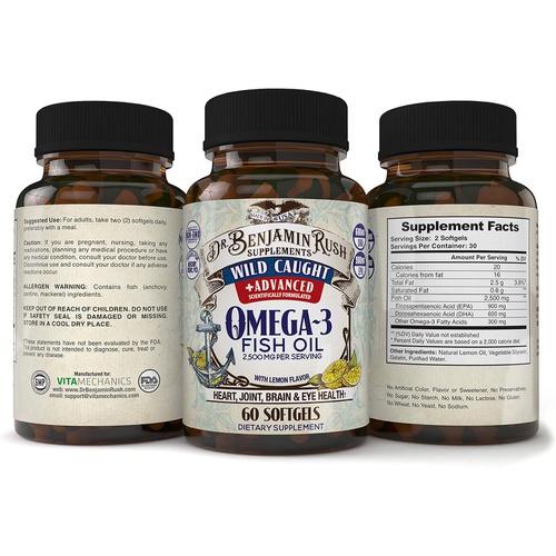  Dr. Benjamin Rush Wild Caught Fish Oil Omega 3 Supplement, Maximum Strength 2500mg with Lemon, Burpless Pills for Heart, Joint, Brain & Eye Health, 1 Mo Supply