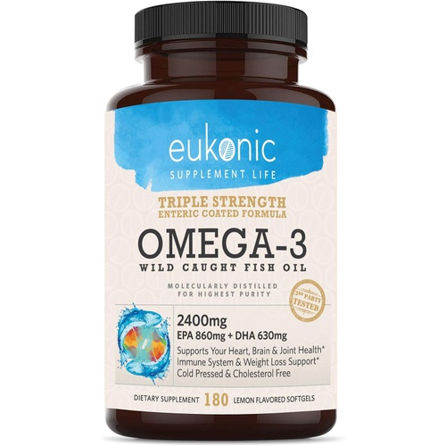  EUKONIC SUPPLEMENT LIFE Eukonic Omega-3 Wild Caught Fish Oil 2400mg, Triple Strength EPA 860mg + DHA 630mg, 180 Softgels, Promotes Brain, Heart, and Joint Health, Leaner Body