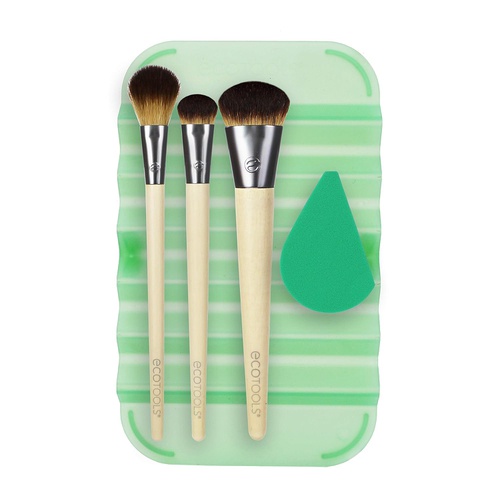  EcoTools Prep + Refresh Makeup Brush Set, With Sponge Blender and Brush Cleaner Cleansing Shampoo, Vegan Beauty Tools, Set of 5