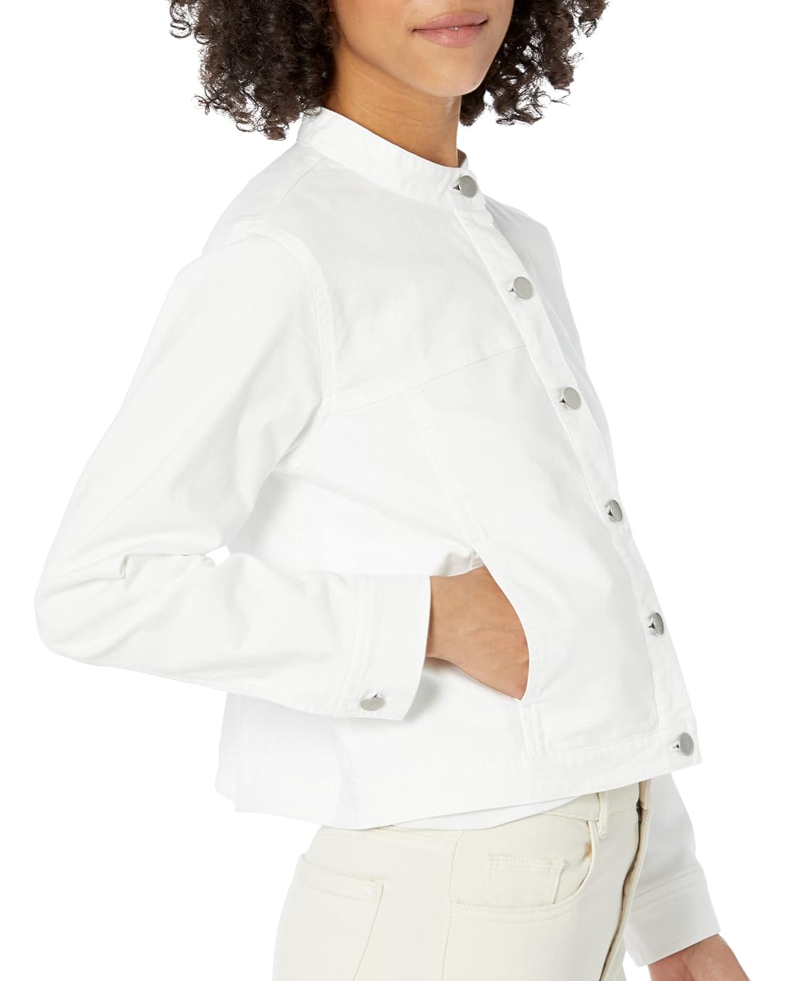  Eileen Fisher Stand Collar Short Jacket in Garment Dyed Organic Cotton Stretch Denim