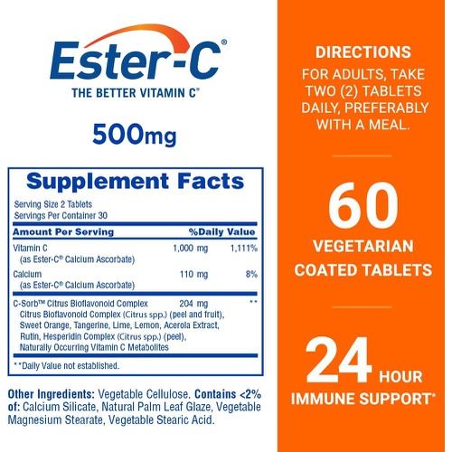  Ester-C Vitamin C, 500mg Tablets, 60-Count, Unflavored