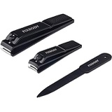 FIXBODY Nail Clipper Set  Black Stainless Steel Fingernails & Toenails Clippers & Nail File Sharp Nail Cutter with Leather Case, Set of 3 (Straight & Curved)