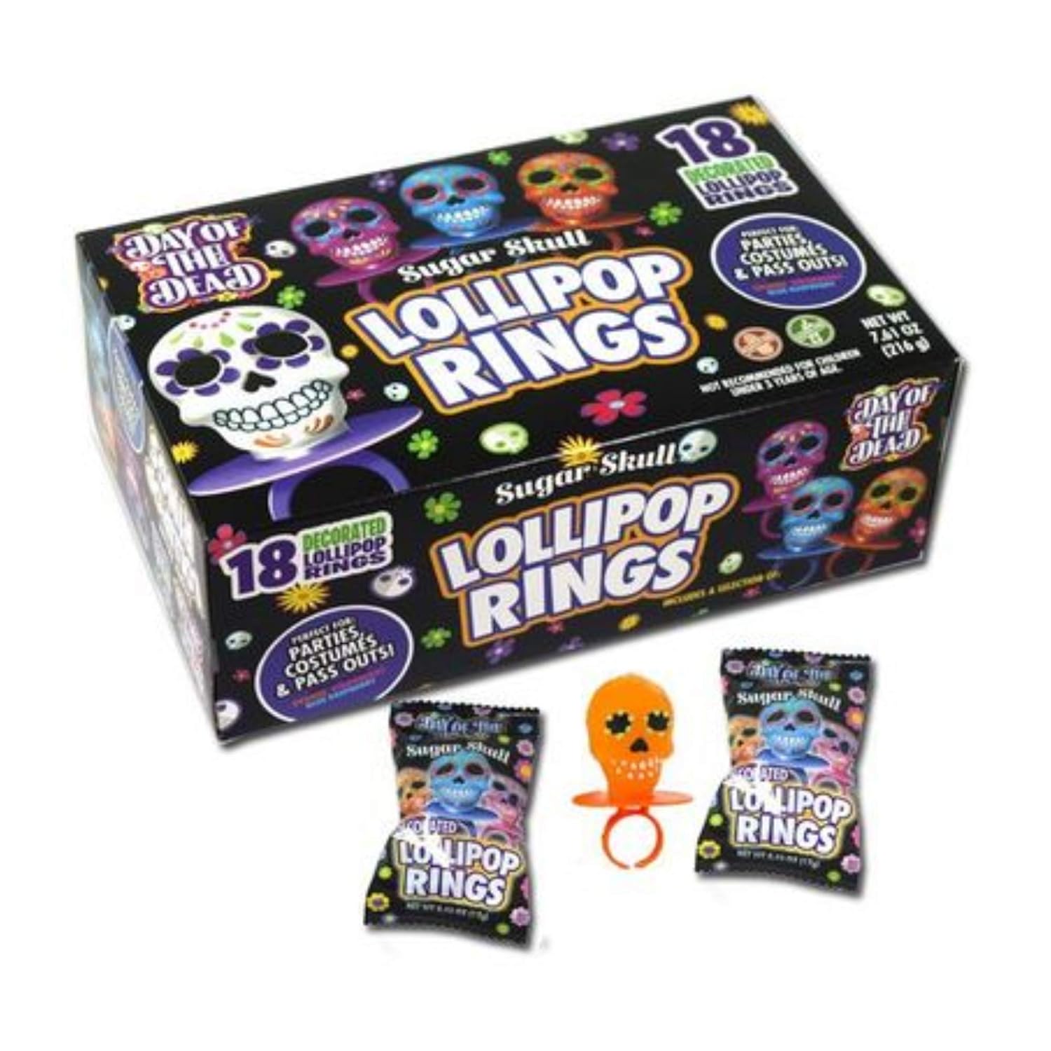  Flix Candy Halloween Day of the Dead Sugar Skull Lollipop Rings, Box of 18