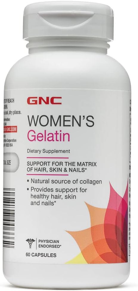 GNC Womens Gelatin Supplement Supports Healthy Hair, Skin and Nails Natural Collagen Source 60 Capsules