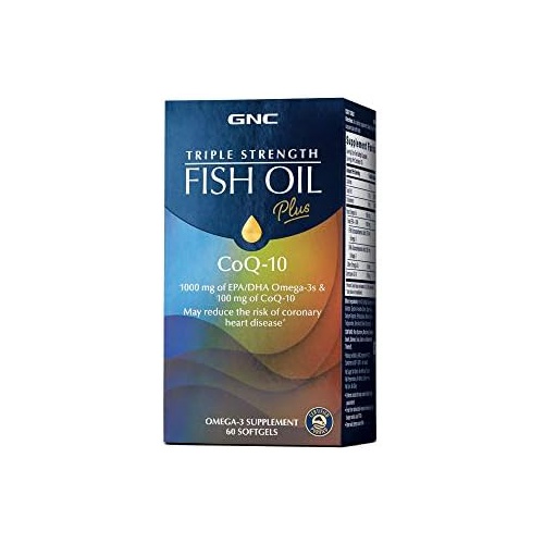  GNC Triple Strength Fish Oil Plus CoQ-10 1000 mg of EPA/DHA Omega-3s, 100mg of CoQ-10, Supports Heart, Brain, Skin, Eye and Joint Health 60 Softgels