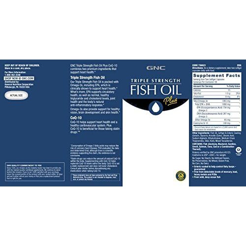 GNC Triple Strength Fish Oil Plus CoQ-10 1000 mg of EPA/DHA Omega-3s, 100mg of CoQ-10, Supports Heart, Brain, Skin, Eye and Joint Health 60 Softgels