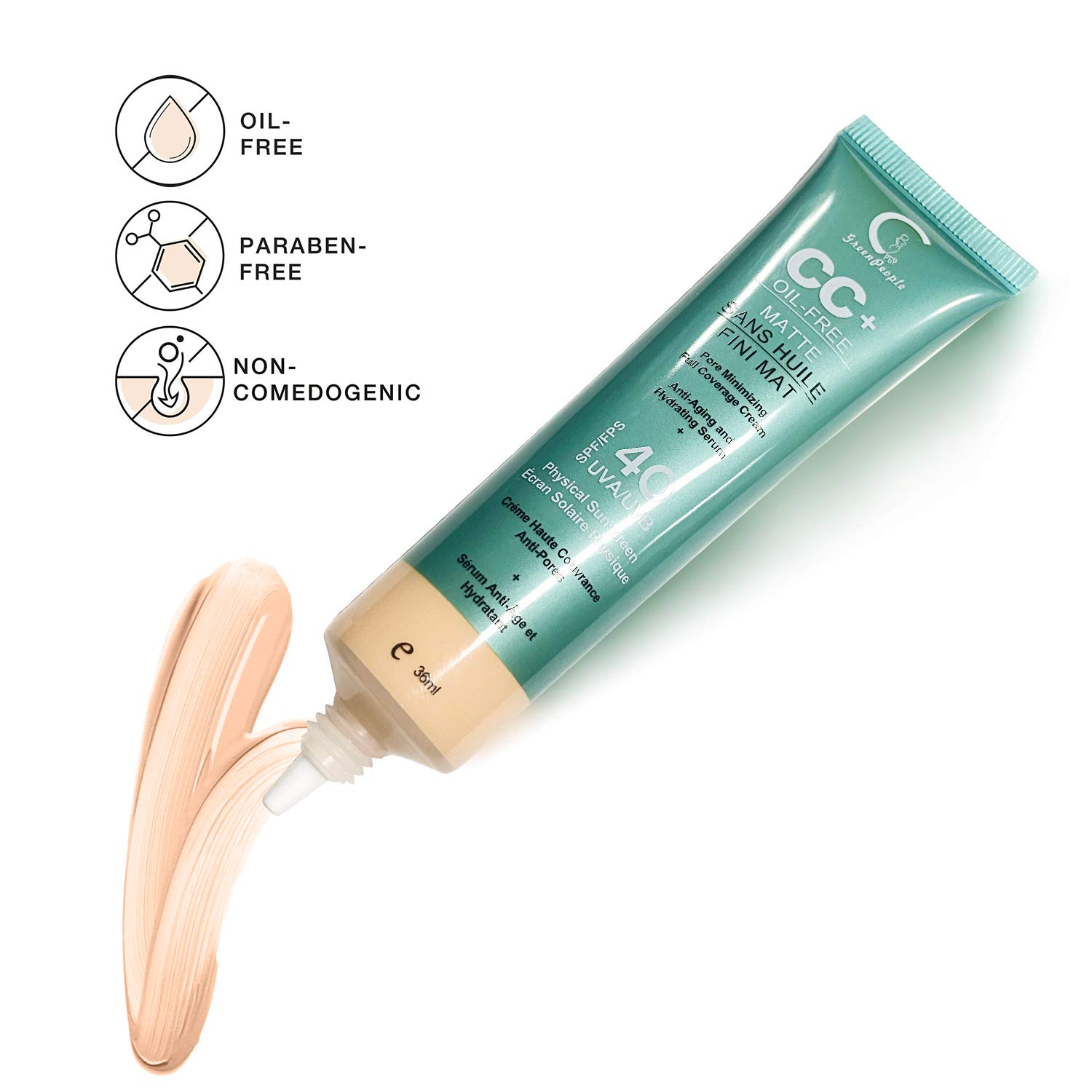  GPGP GreenPeople CC Cream Foundation Concealer with Sunscreen SPF 40+, Complexion Rescue Tinted Hydrating Gel Cream - 1.21 Ounce (Natural)