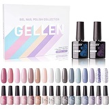 Gellen 16 Colors Gel Nail Polish Kit With Top Base Coat - Warm & Cool Pastels Tones, Soft Nude Grays Nail Gel Colors, Trendy Solid and Shiny Glitters Nail Art Designs Home Gel Mani