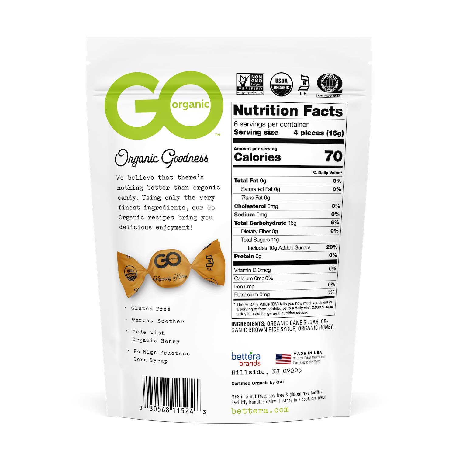  GoOrganic Organic Hard Candies, Honey, 3.5 Ounce Bag (Pack of 6)