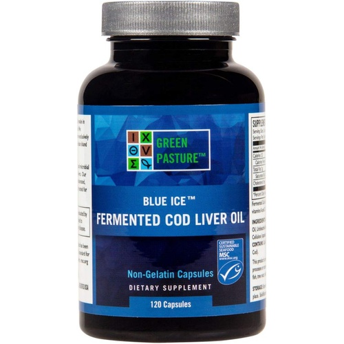  Green Pasture BLUE ICE Fermented Cod Liver Oil -Non-Gelatin 120 Capsules