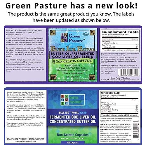  Green Pasture Blue Ice Royal Butter Oil / Fermented Cod Liver Oil Blend - 120 Capsules