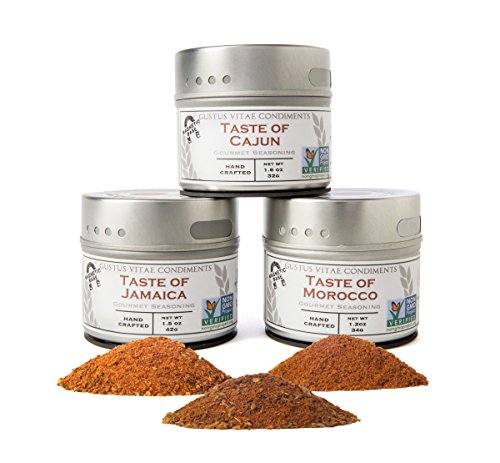Fiery Flavors Gourmet Seasoning Collection | Non GMO Project Verified | 3 Magnetic Tins | Artisanal Spice Blends | Crafted in Small Batches by Gustus Vitae | #84