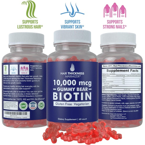  Biotin 10000 mcg Gummies by Hair Thickness Maximizer Vegetarian, Gluten Free. 10000mcg Natural Gummy Bear Hair Vitamin for Men and Women. Great for Hair Growth, Combats Hair Loss a