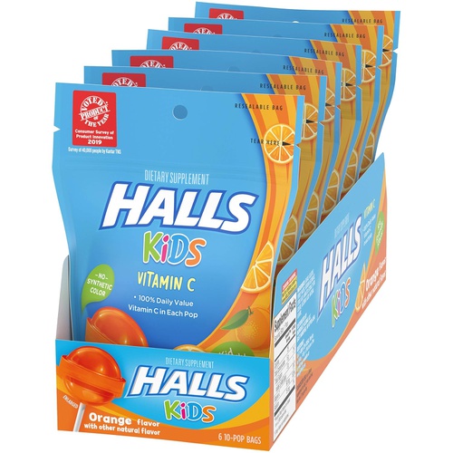  Halls Kids Orange Vitamin C Pops - for Children - 60 Pops (6 bags of 10 Pops)