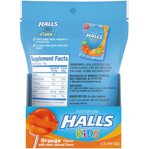  Halls Kids Orange Vitamin C Pops - for Children - 60 Pops (6 bags of 10 Pops)