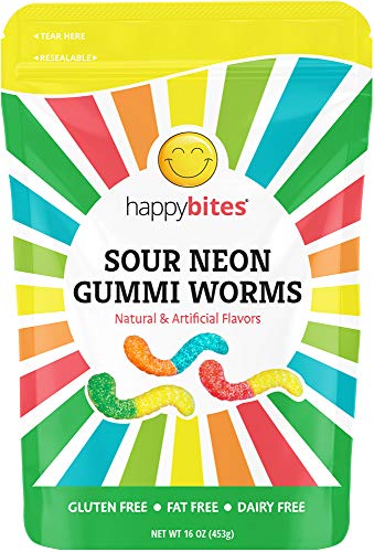Happy Bites Sour Neon Gummi Worms - Gluten Free, Fat Free, Dairy Free - Resealable Pouch (1 Pound)