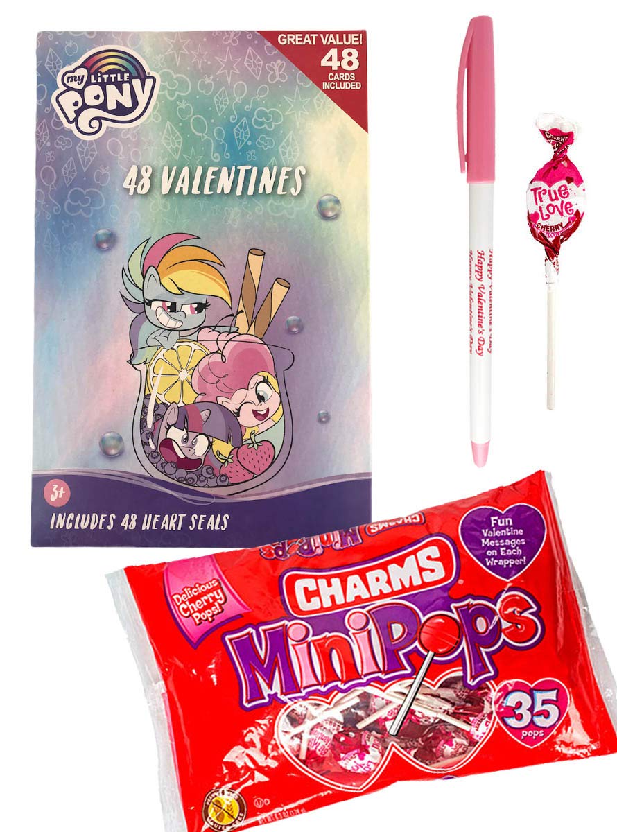  HappyVday My Little Pony 48 Valentines Cards & Heart Seal Stickers with Mini Charms Lollipops Classroom Exchange Bundle For 35 Kids