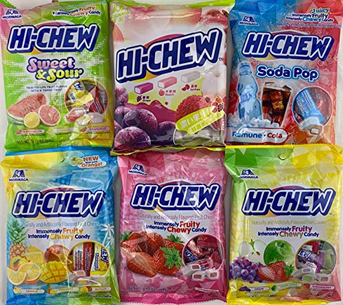 Hi Chew 6 Different Flavors Variety Pack (Fruit Mix, Tropical Mix (exclusive), Sweet and Sour, Strawberry, Original Mix, and Fizzies) (Pack of 6)