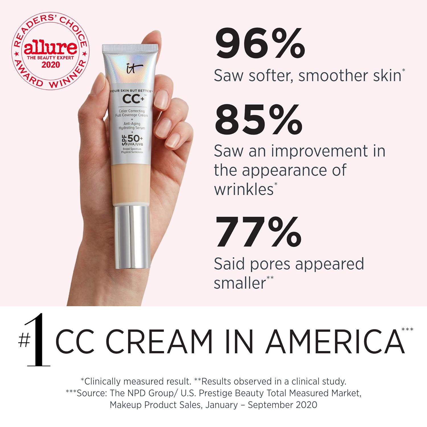  IT Cosmetics Your Skin But Better CC+ Cream, Light (W) - Color Correcting Cream, Full-Coverage Foundation, Anti-Aging Serum & SPF 50+ Sunscreen - Natural Finish - 1.08 fl oz
