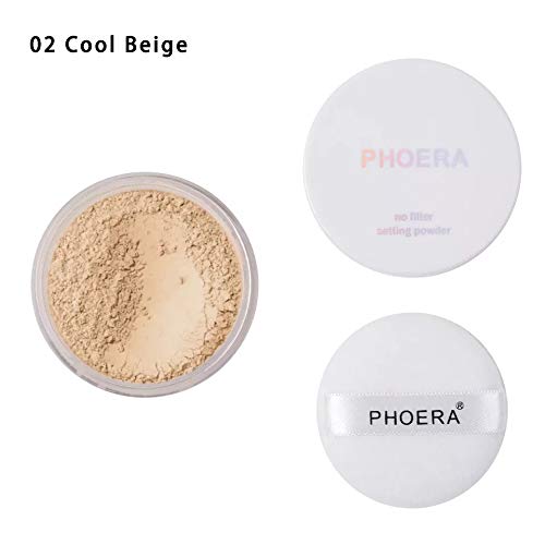  Junhe 2 PCS Phoera Loose Setting Powder, Mineral Loose Face Powder Smooth Lightweight Long Lasting Finishing Powder Foundation with 2 Makeup Powder Puff and Phoera Face Brush(02#Cool Bei