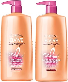 LOreal Paris Dream Lengths Shampoo and Conditioner Kit, With Fine Castor Oil & Vitamins B3 & B5 for Long, Damaged Hair, Visibly Repairs Damage Without Weighdown, Paraben-free, Drea