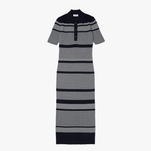 라코스테 Lacoste Womens Striped Cotton Knit Blend Mid-Length Polo Dress