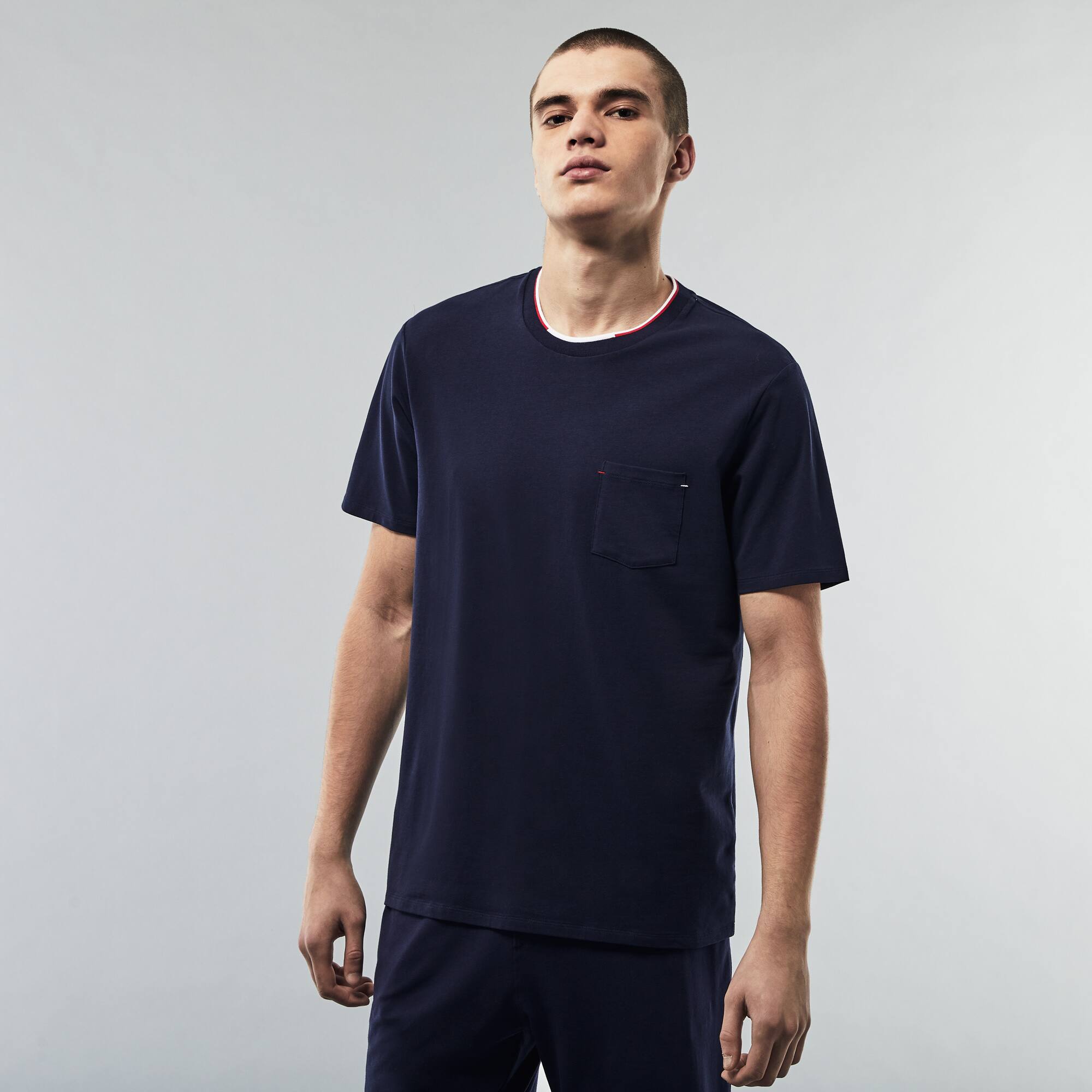 Lacoste Mens Short Sleeve Three-Tone Round Neck Pajamas T-Shirt