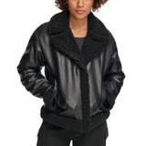 Womens Faux-Fur-Trimmed Faux-Leather Moto Jacket