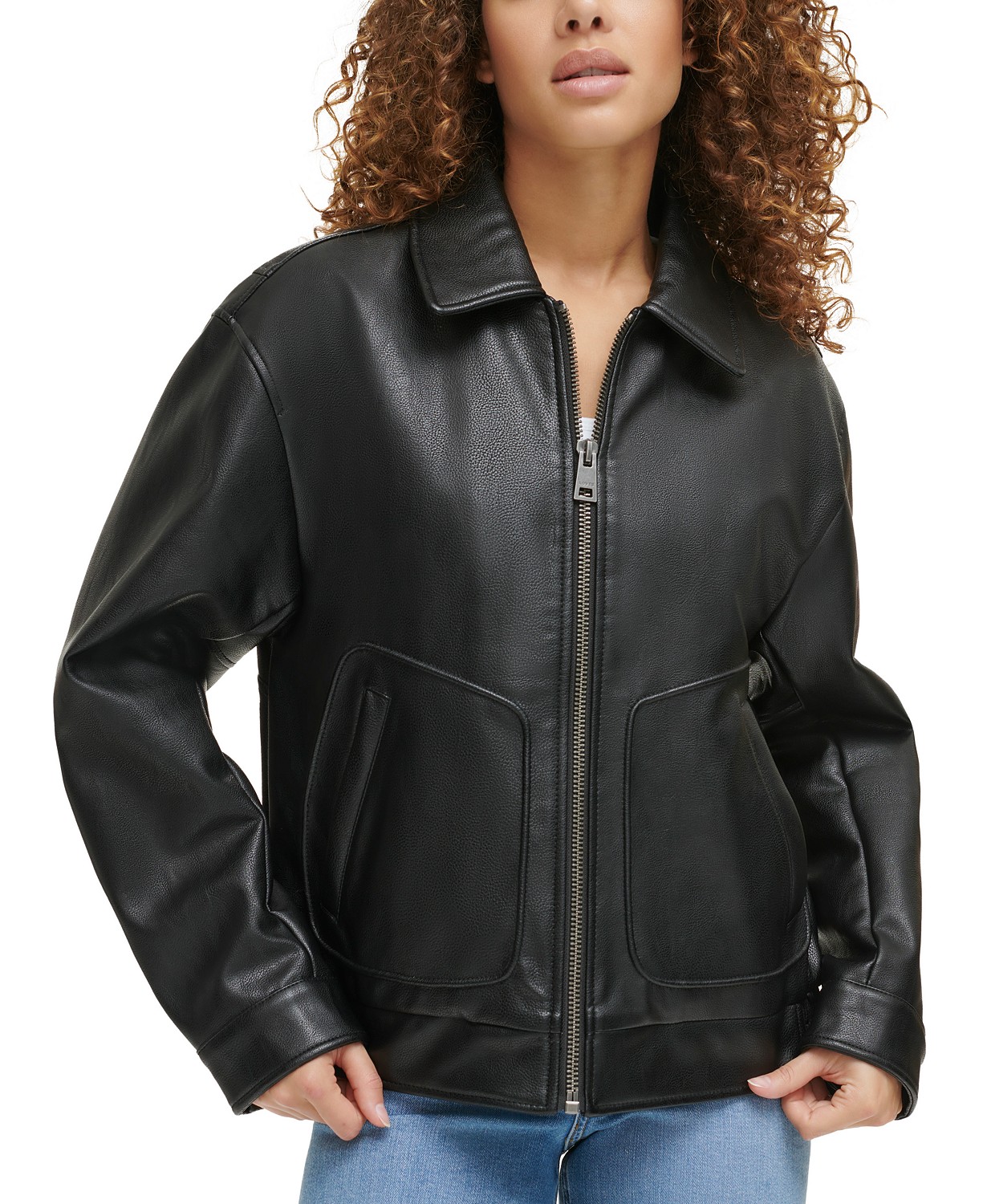 Womens Retro Faux-Leather Bomber Jacket