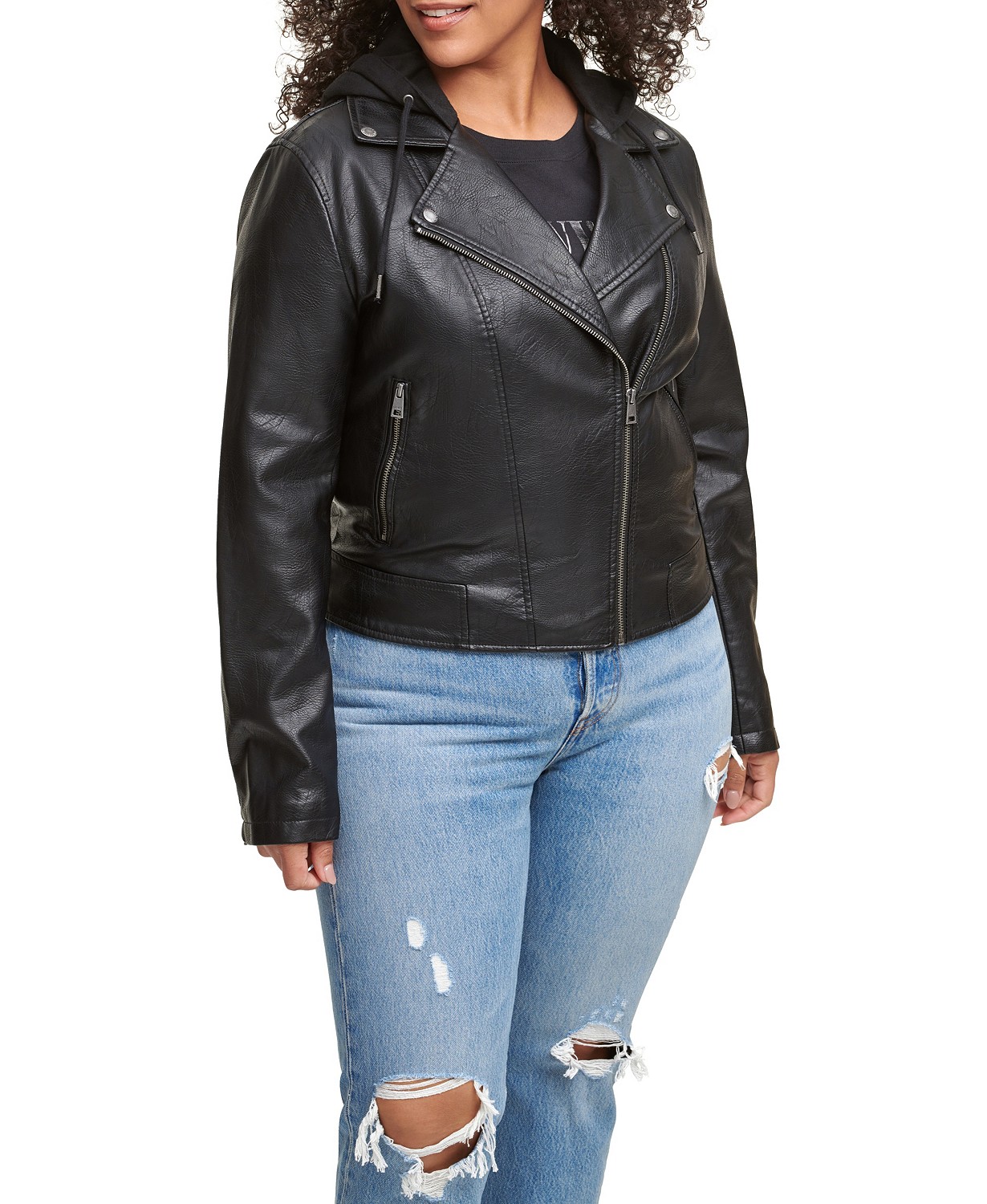 리바이스 Plus Size Trendy Hooded Faux Leather Moto Jacket