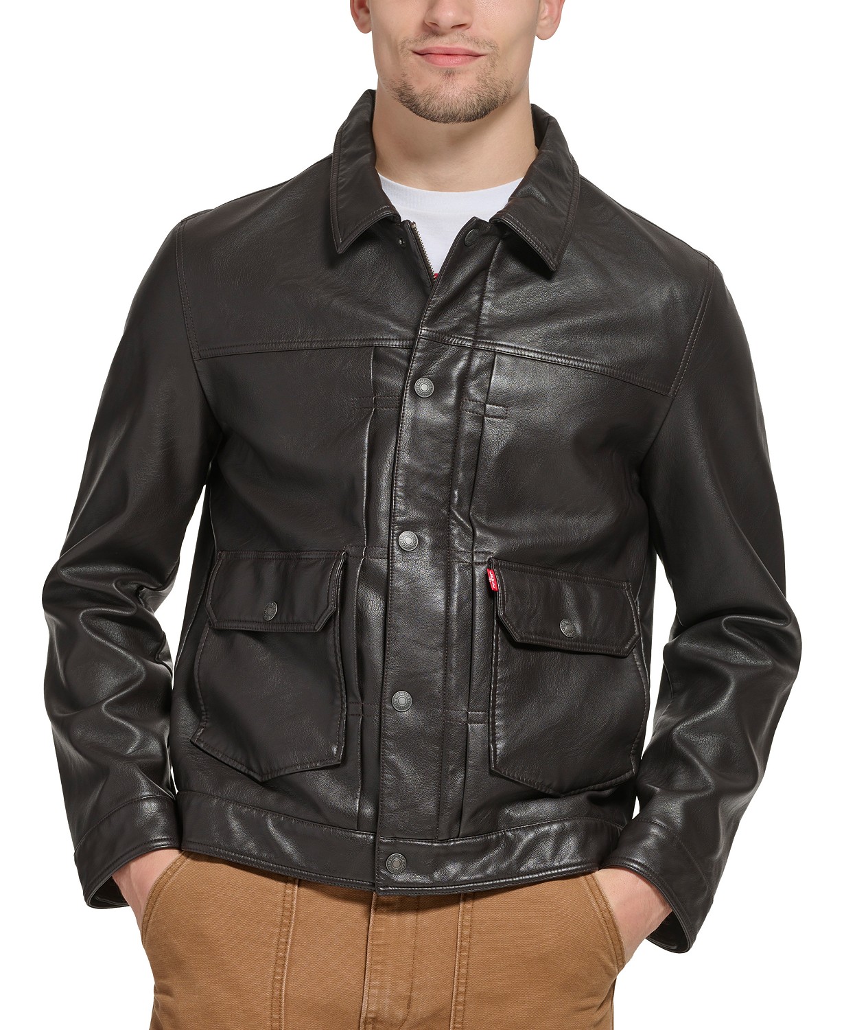 리바이스 Mens Faux Leather Snap-Front Water-Resistant Jacket