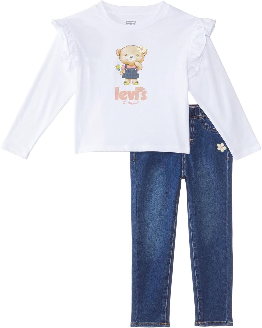 리바이스 Levis Kids Long Sleeve Ruffle Graphic T-Shirt and Denim Two-Piece Outfit Set (Toddler)