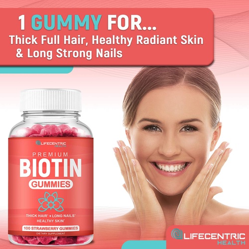  LifeCentric Health Biotin Gummies for Hair Growth Max Strength Biotin 10000mcg Prevents Thinning and Loss Chewable Biotin Supplement For Women Men and Kids 100 Count Vegan Hair Gummies for Hair Skin