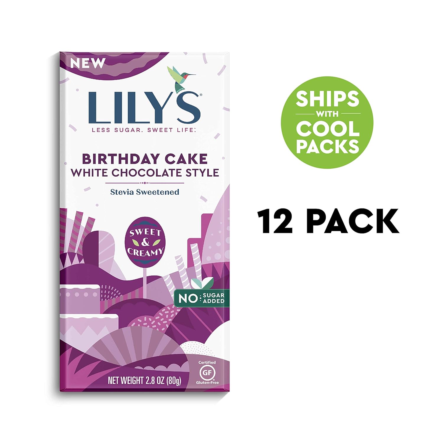  Birthday Cake White Chocolate Bar By Lilys Sweets | Stevia Sweetened, No Added Sugar, Low-Carb, Keto Friendly | Fair Trade, Gluten-Free & Non-Gmo | 2.8 Ounce, 12 Pack