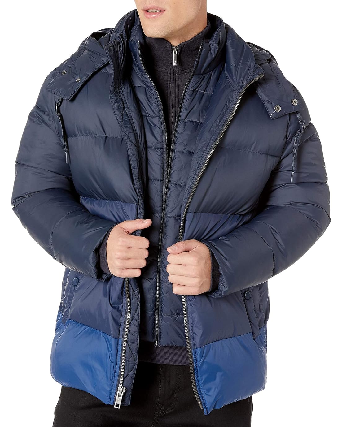 Marc New York by Andrew Marc Mens Dovers Mid Length Down Jacket with Removable Hood